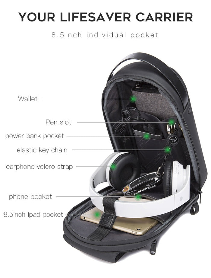 BANGE Waterproof Hard Shell Cross-Body Chest-Bag with USB Charging Port