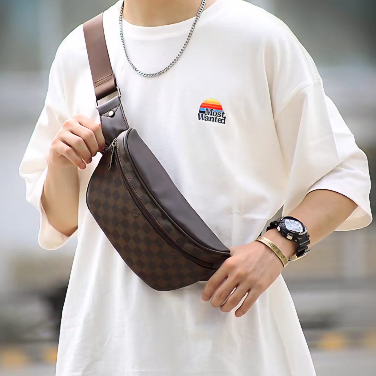 THREE-BOX Damier Chest/ Sling Bag Leather Cross-Body Bag