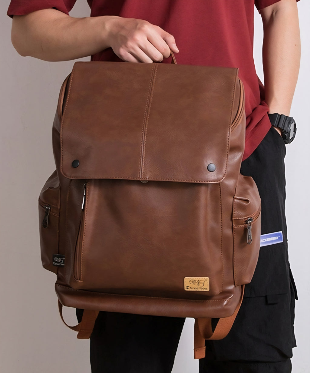 THREE-BOX 15.6"Laptop Large Capacity Unisex Leather Backpack