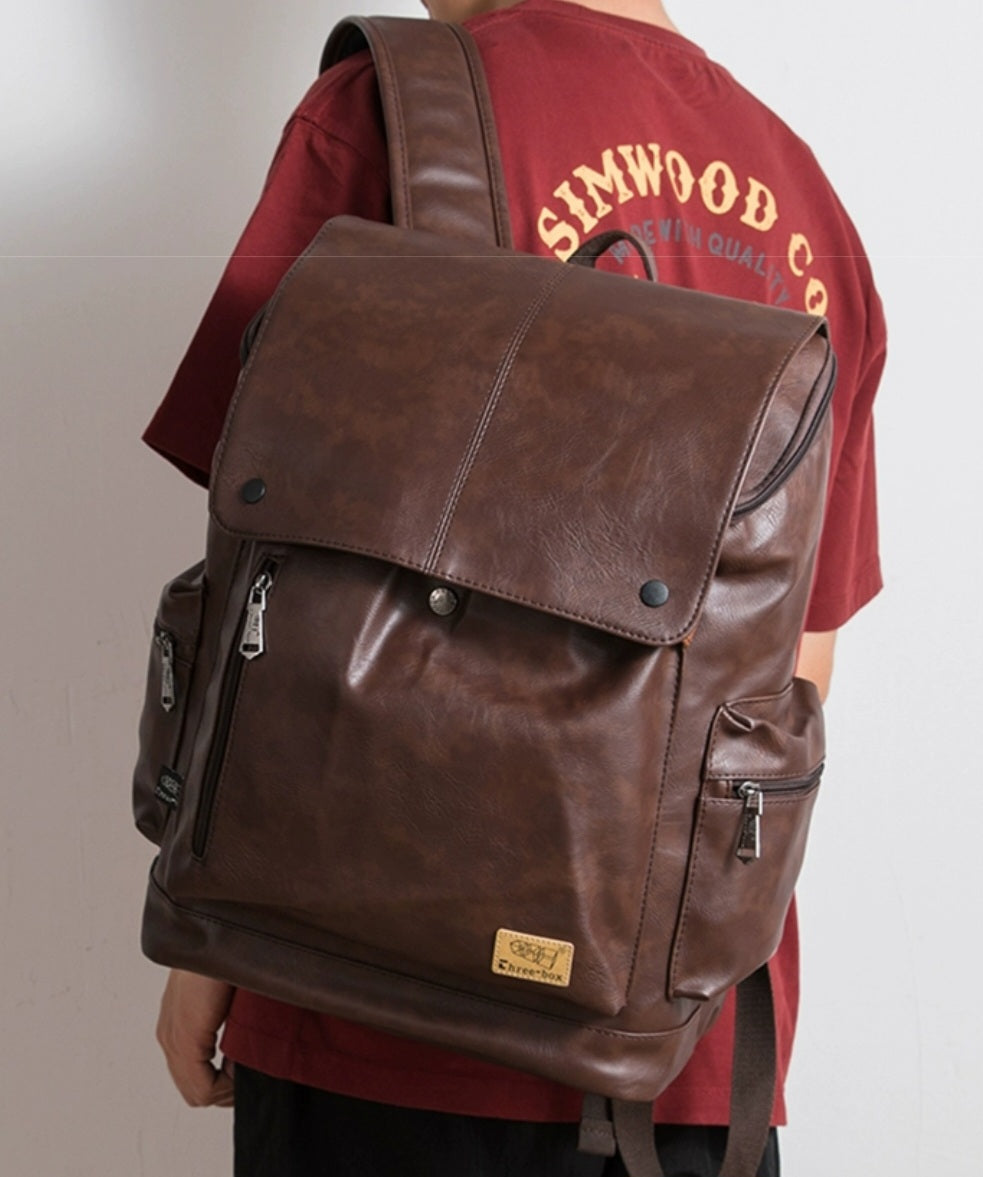 THREE-BOX 15.6"Laptop Large Capacity Unisex Leather Backpack