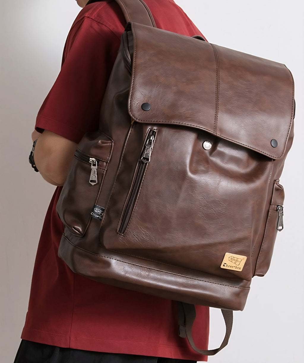 THREE-BOX 15.6"Laptop Large Capacity Unisex Leather Backpack