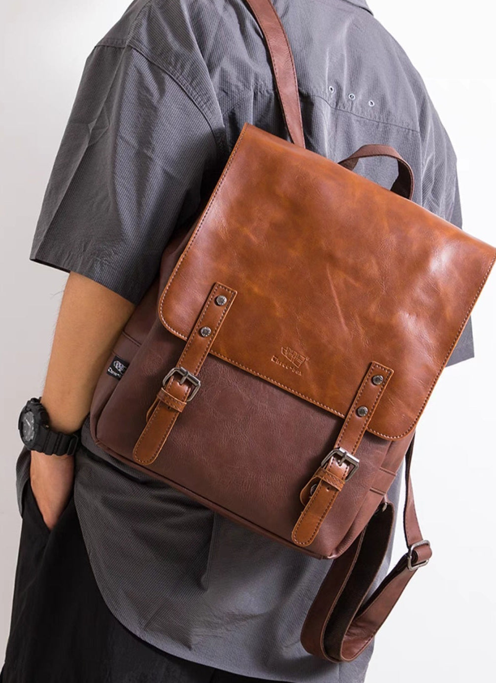 THREE-BOX Classic Chic Old-School Leather Backpack 14" Laptop Backpack