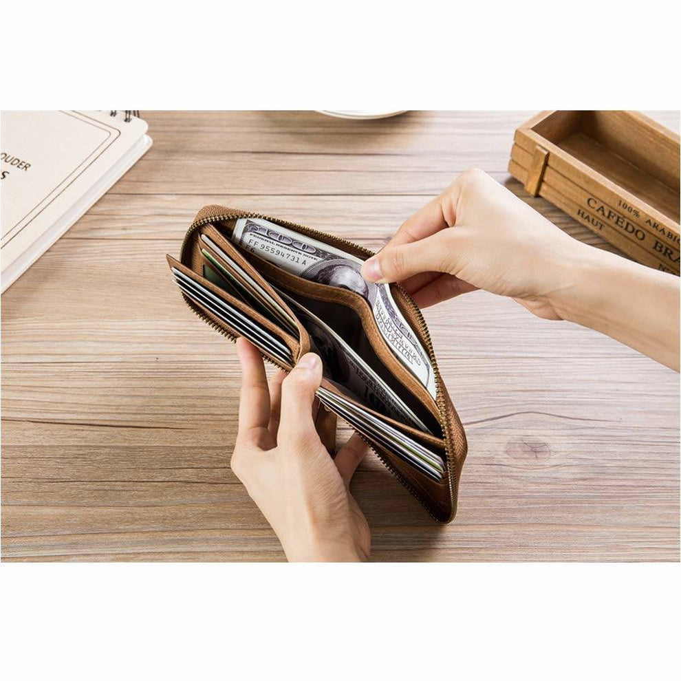 BULLCAPTAIN Genuine Leather Bi-Fold Zipper Wallet