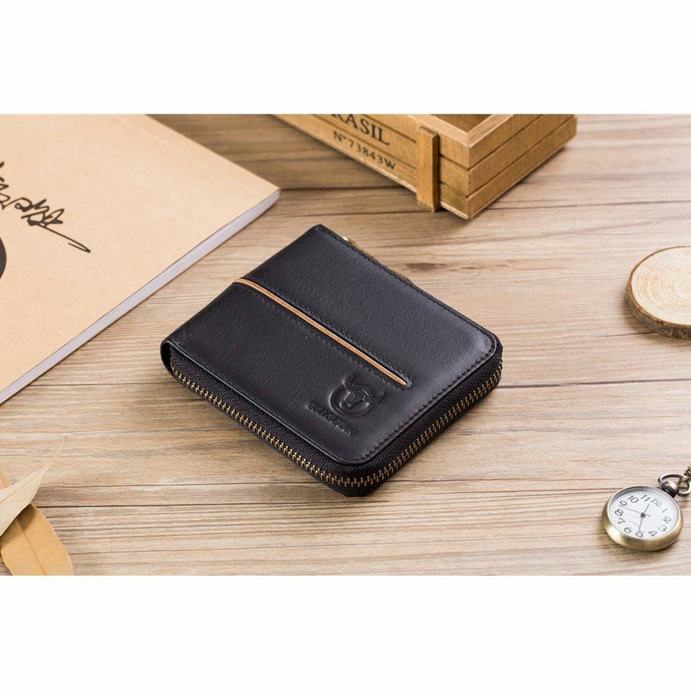 BULLCAPTAIN Genuine Leather Bi-Fold Zipper Wallet