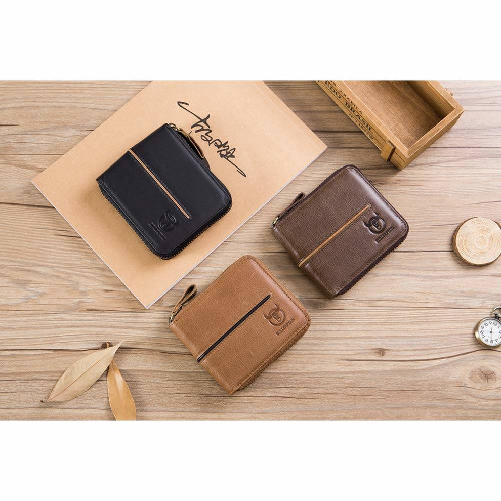 BULLCAPTAIN Genuine Leather Bi-Fold Zipper Wallet