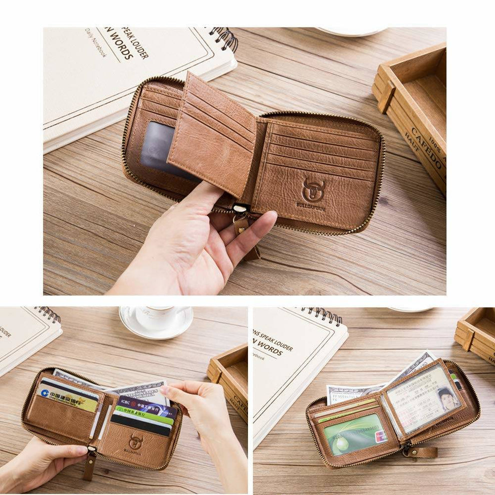 BULLCAPTAIN Genuine Leather Bi-Fold Zipper Wallet
