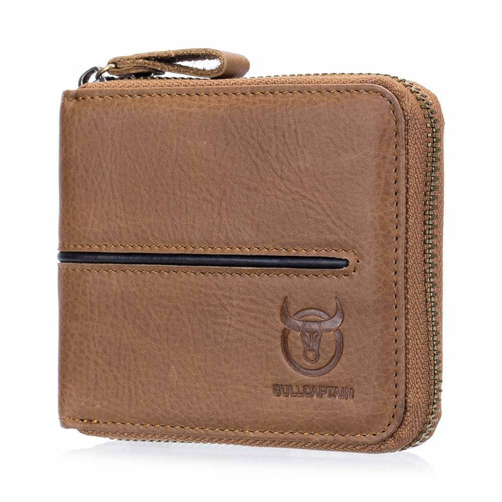 BULLCAPTAIN Genuine Leather Bi-Fold Zipper Wallet