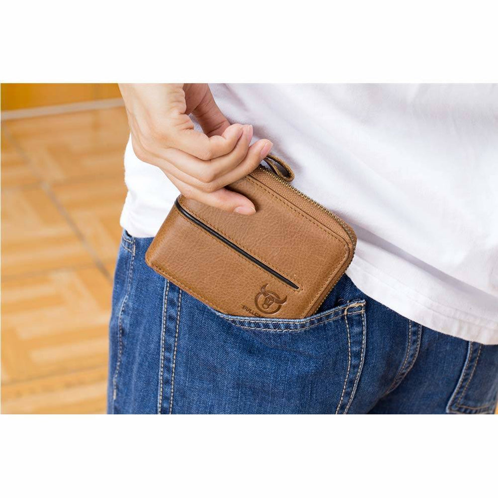 BULLCAPTAIN Genuine Leather Bi-Fold Zipper Wallet