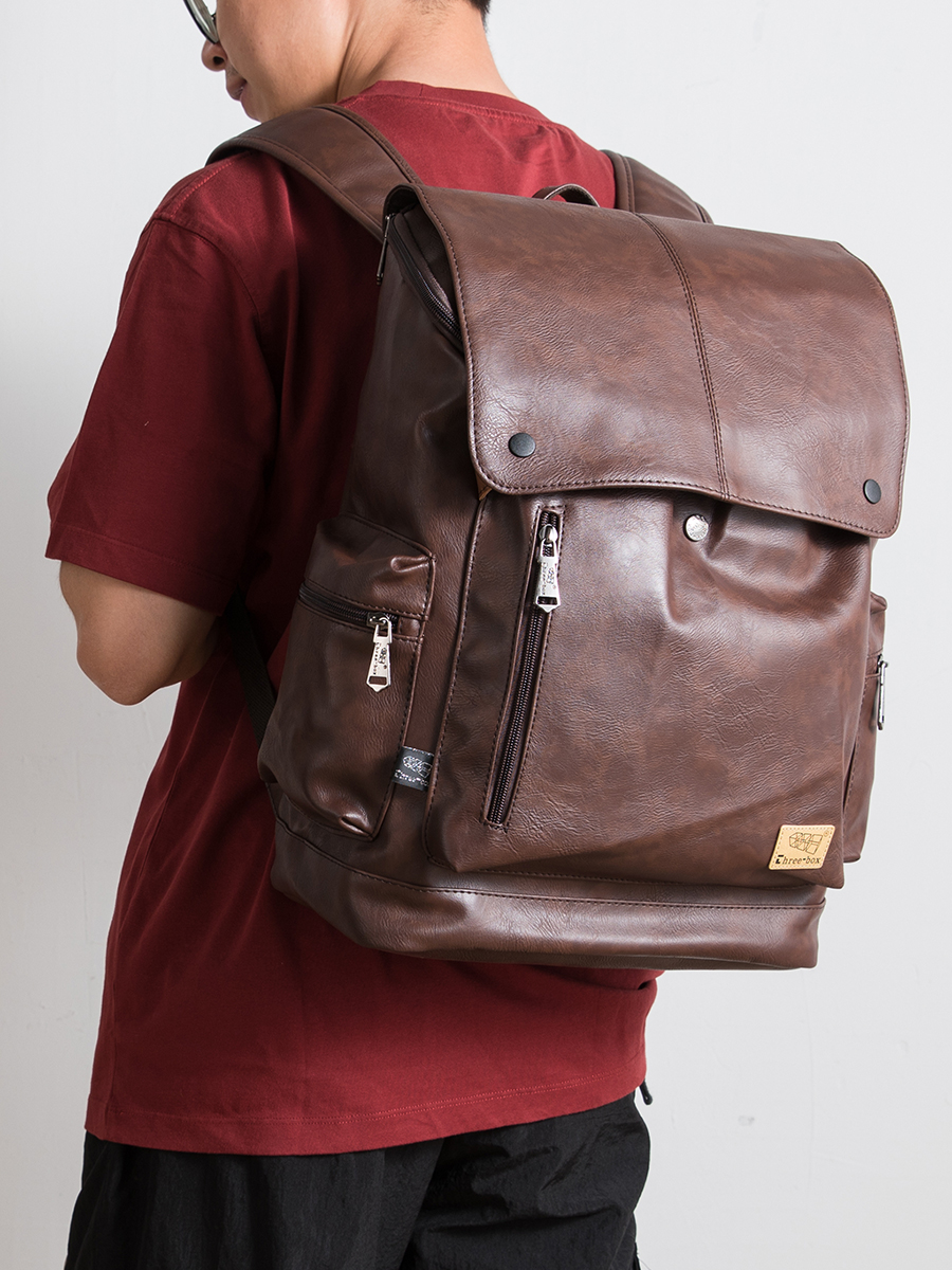 THREE-BOX 15.6"Laptop Large Capacity Unisex Leather Backpack