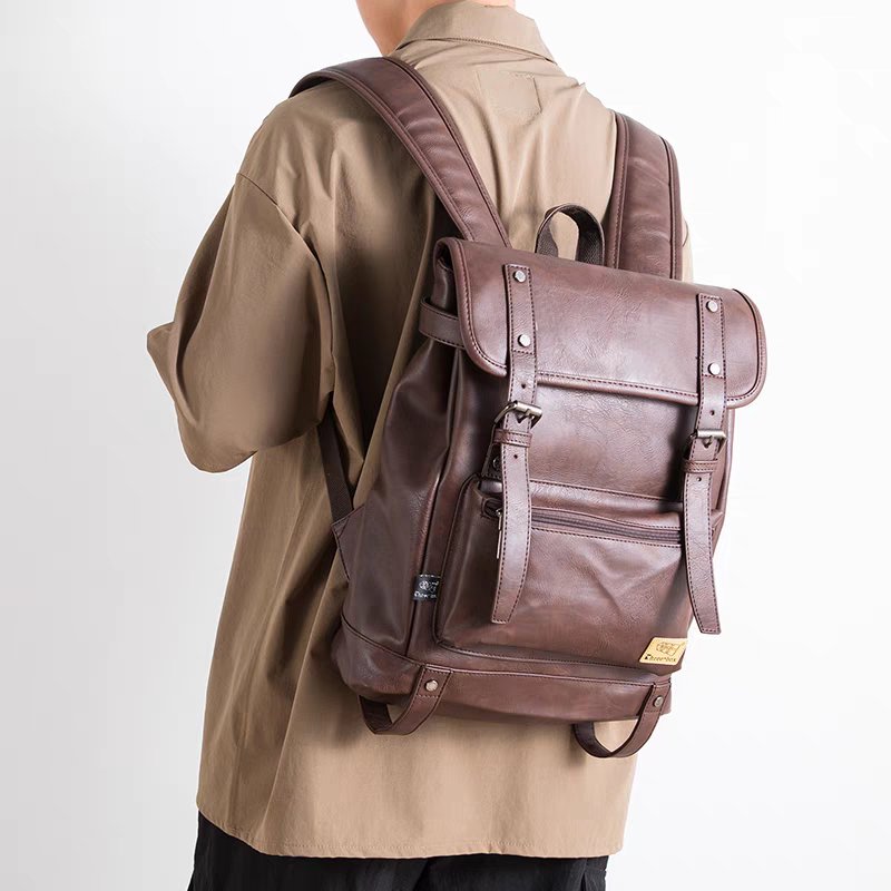 THREE-BOX 15.6" Laptop Large Capacity Unisex Leather Backpack