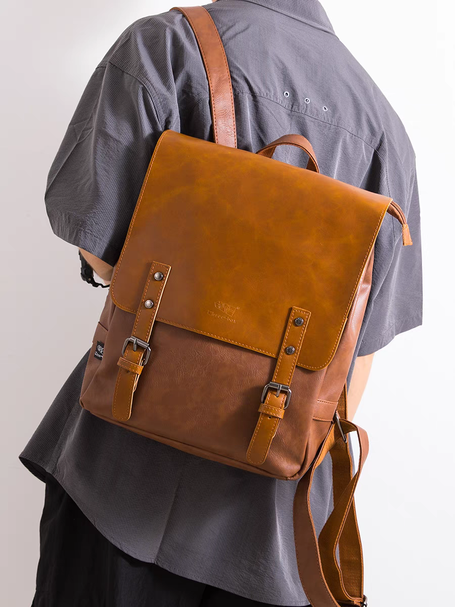 THREE-BOX Classic Chic Old-School Leather Backpack 14" Laptop Backpack